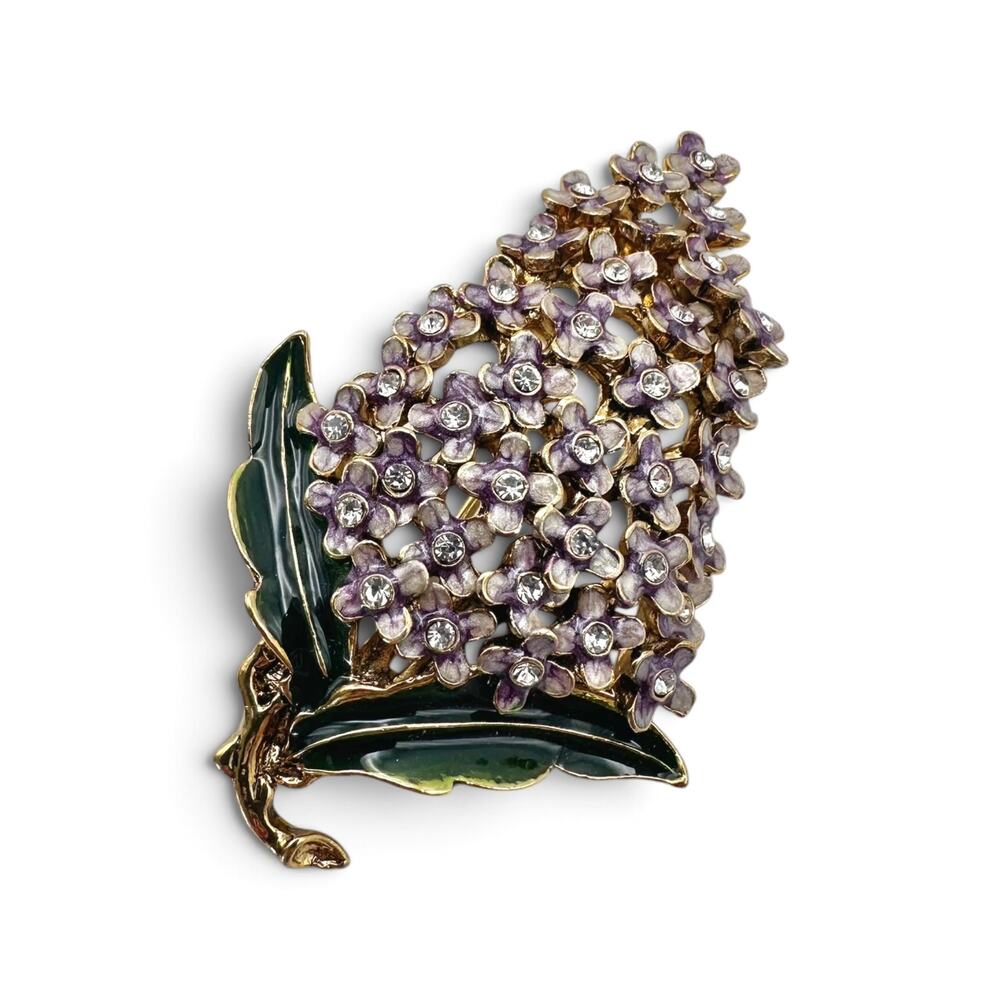 Vintage Monet Lilac Flower Branch Brooch Gold Tone Purple Enamel Crystal Pin